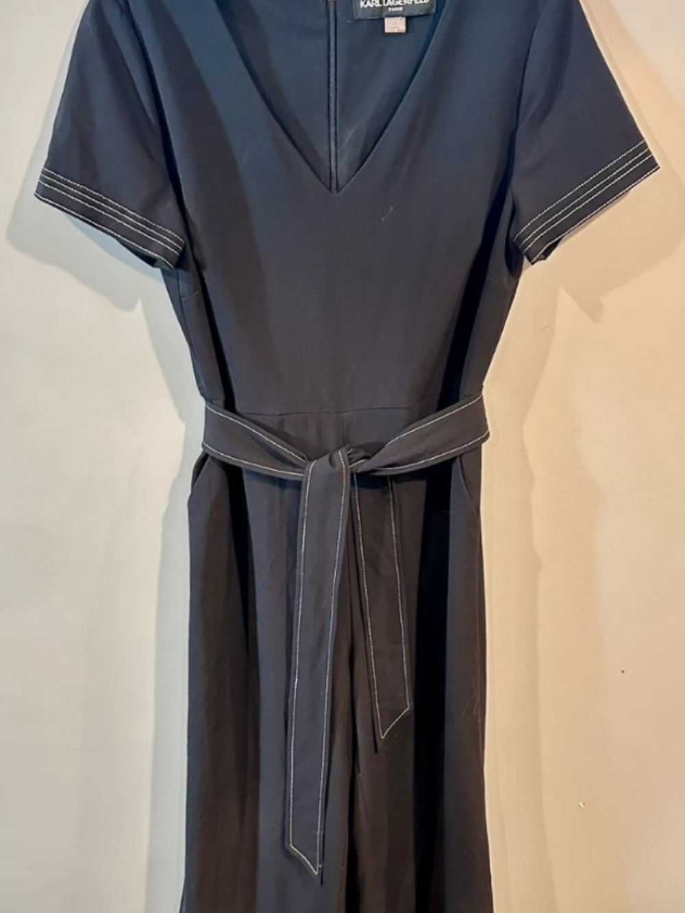 Karl Lagerfeld Black V-Neck Belted Dress